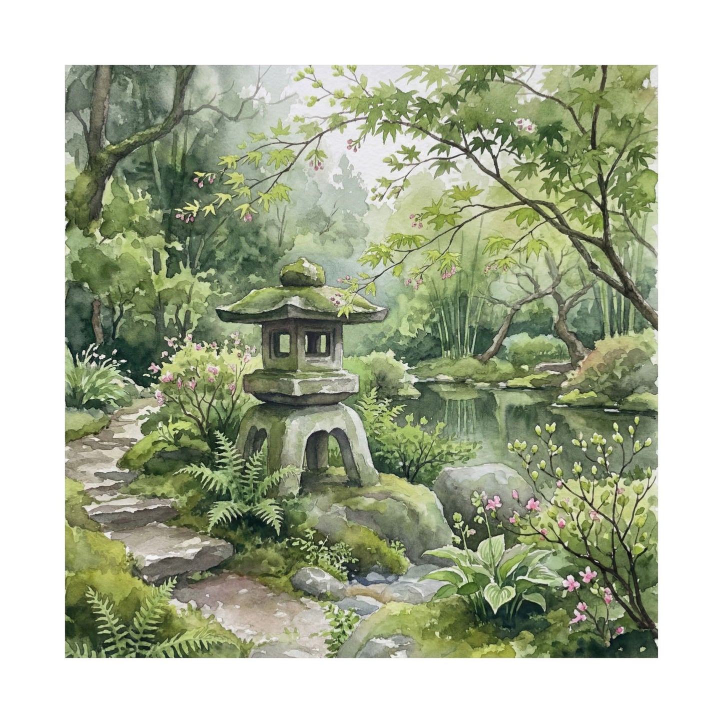 Stone Lantern Spring Wall Art Print | Japandi Elegant Design