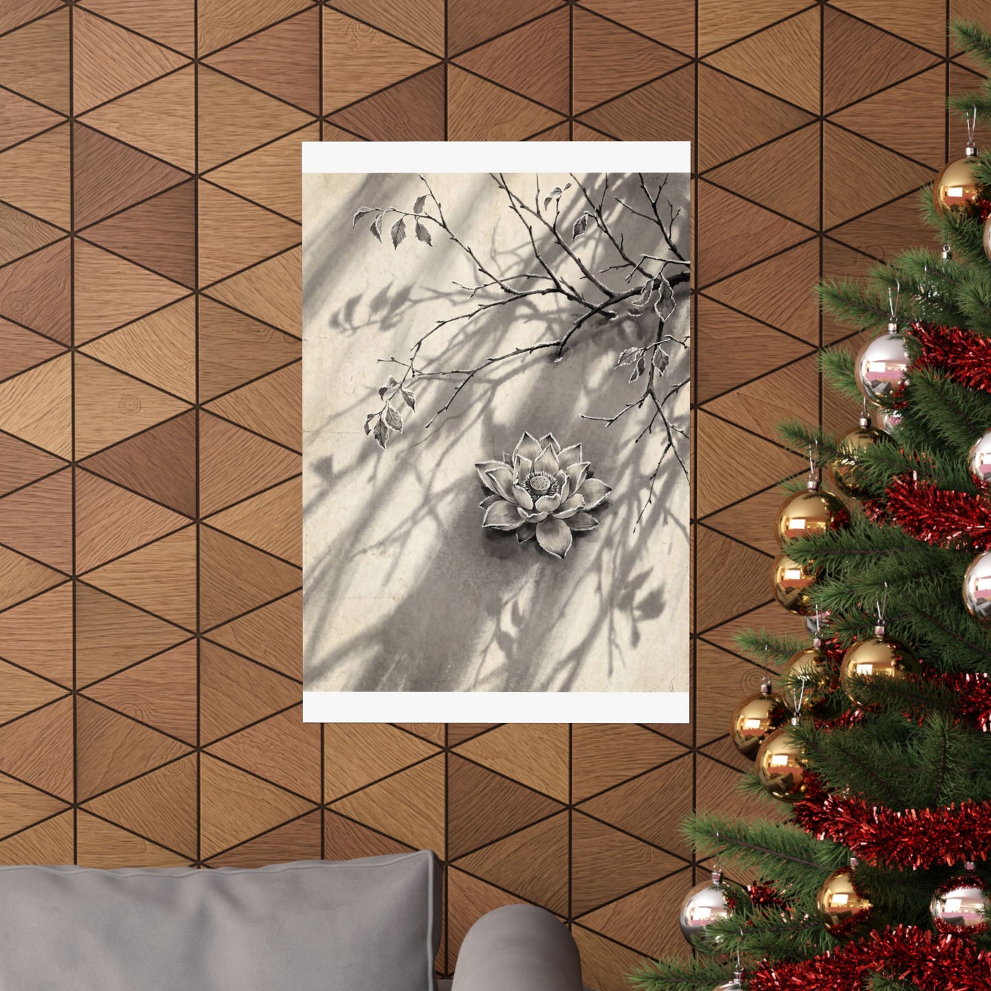 Contemplative Lotus Flower Wall Art Print - Sumi E Zen