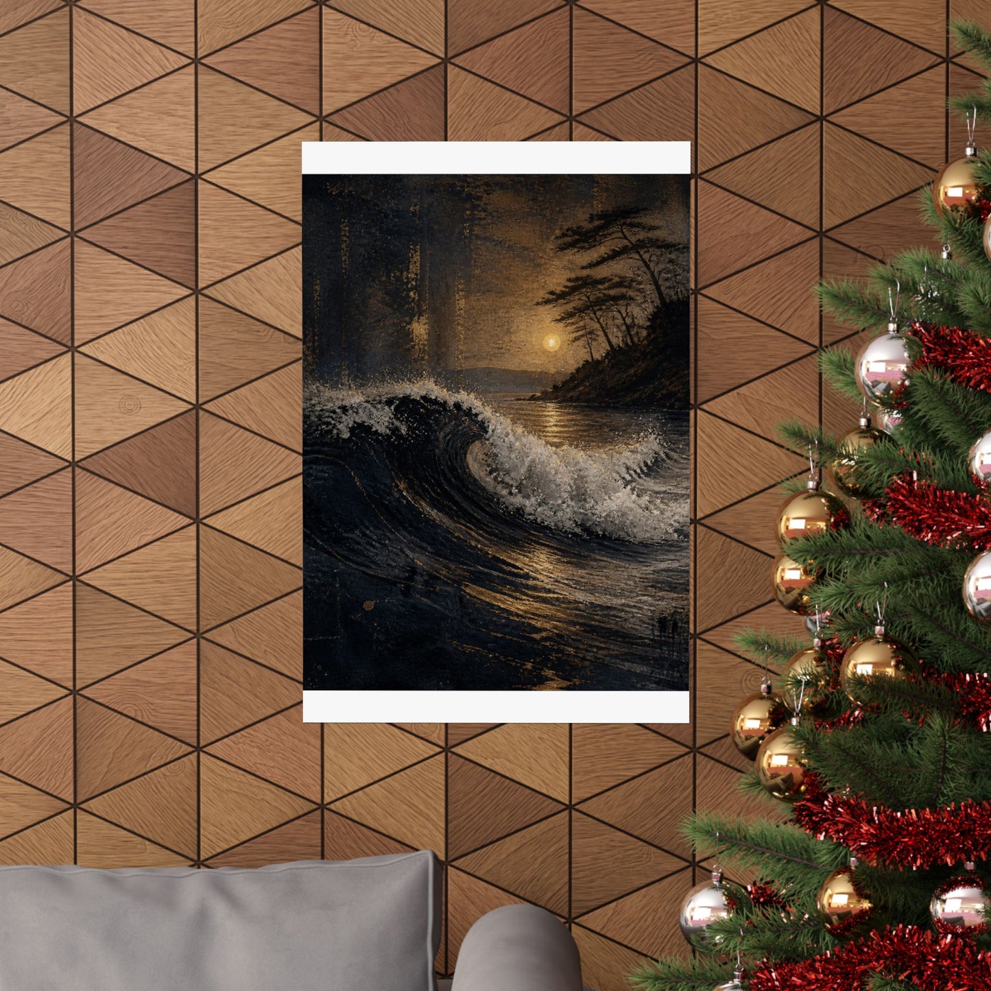 Dark Japandi Ocean Wave in Golden Hour | Dark Texture Wall Art Print