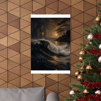 Dark Japandi Ocean Wave in Golden Hour | Dark Texture Wall Art Print