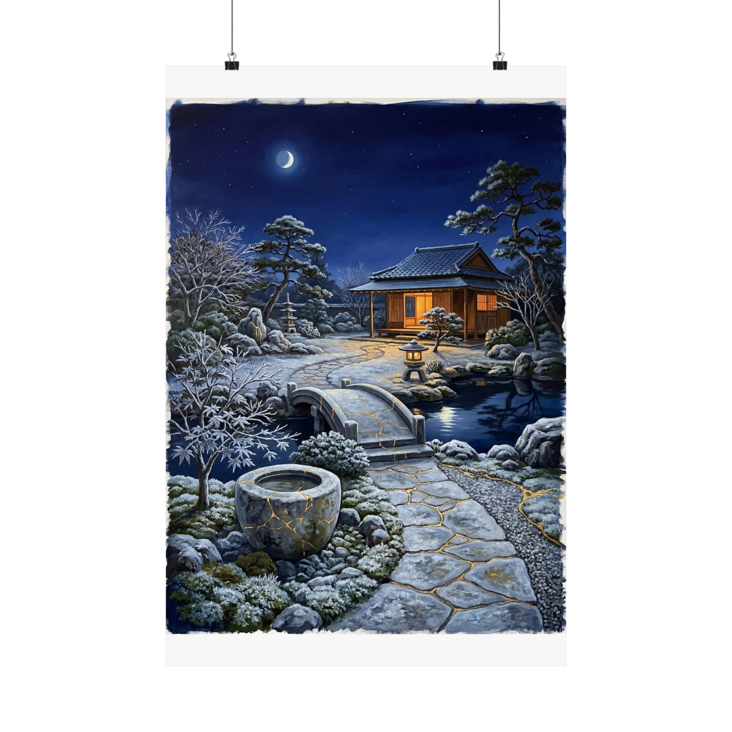 Moonlit Garden Winter Wall Art Print | Kintsugi Philosophical Design Art Print