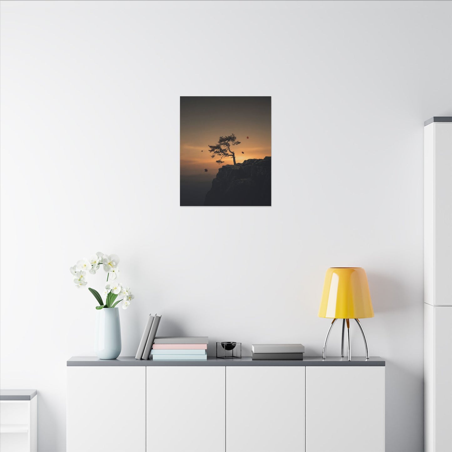 Dark Japandi Pine Tree in Golden Hour | Moody Minimal Canvas Art