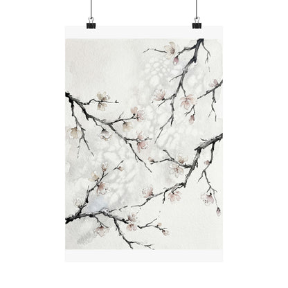 Winter Cherry Blossom Watercolor Wall Art Print | Elegant Decor Art Print