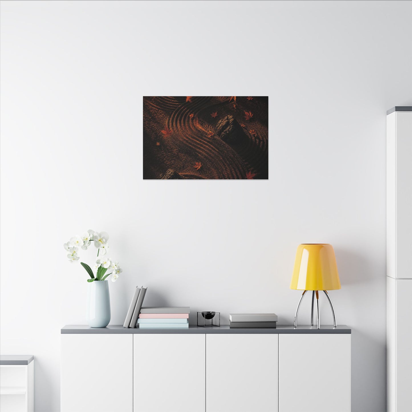 Dark Japandi Rock Garden in Golden Hour | Charcoal Ink Canvas Art