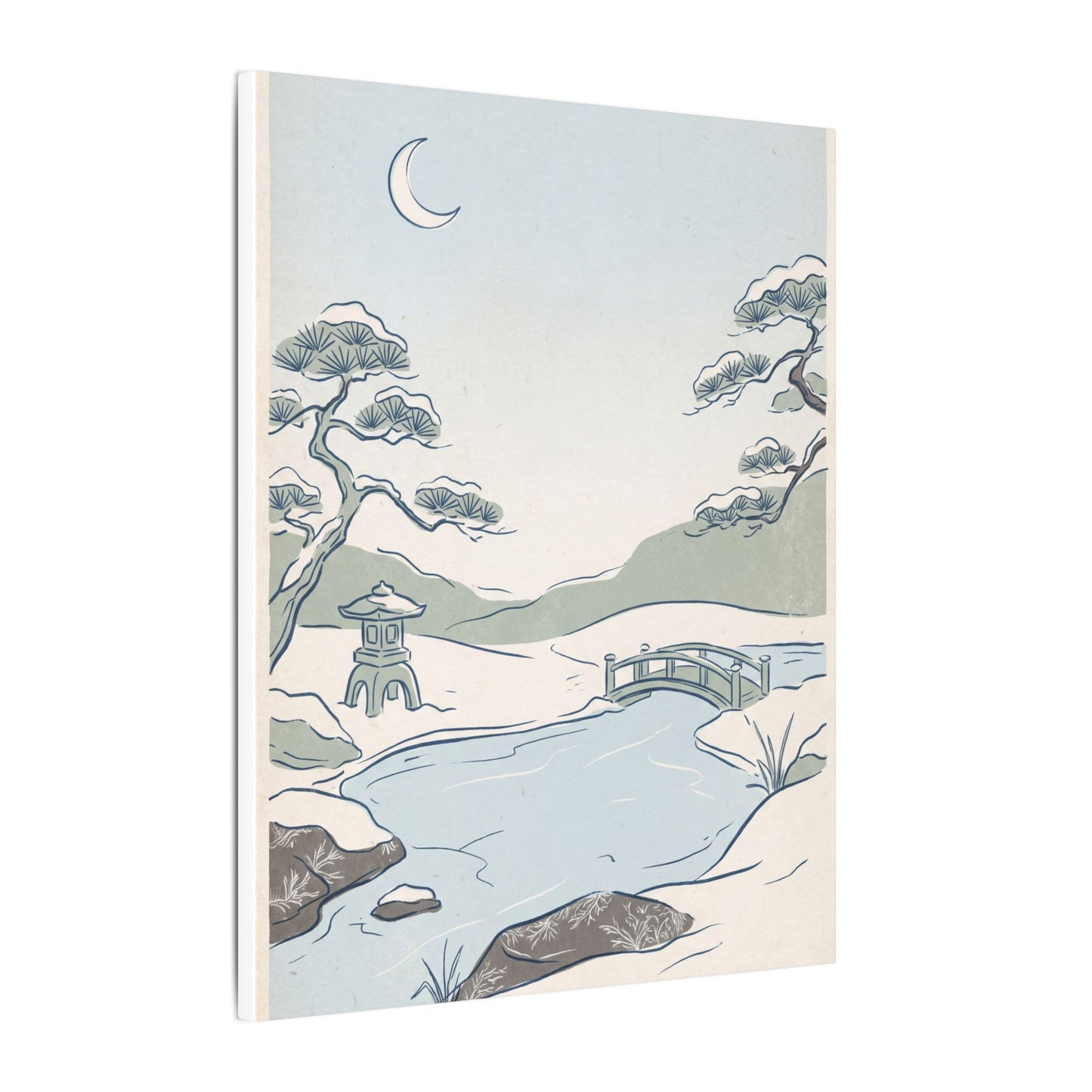 Japandi Moonlit Garden in Moonlight | Minimal Line Canvas Art