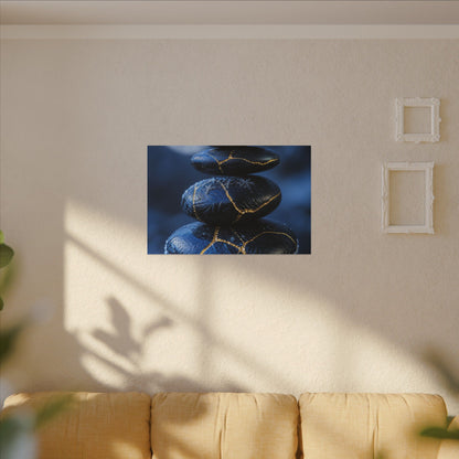 River Stones Canvas Art | Winter Kintsugi Gold Repair Art