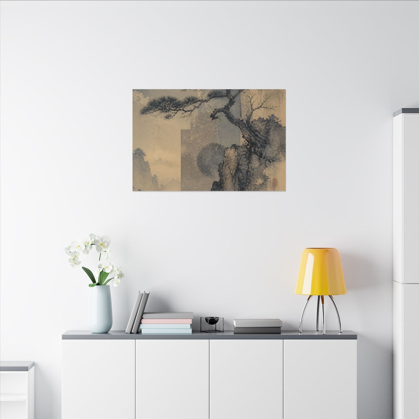 Japandi Pine Tree in Moonlight | Japanese Pattern Canvas Art