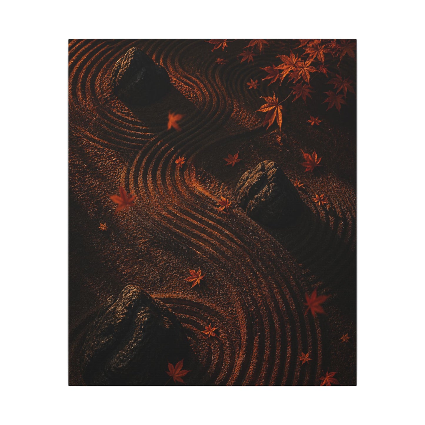 Dark Japandi Rock Garden in Golden Hour | Charcoal Ink Canvas Art