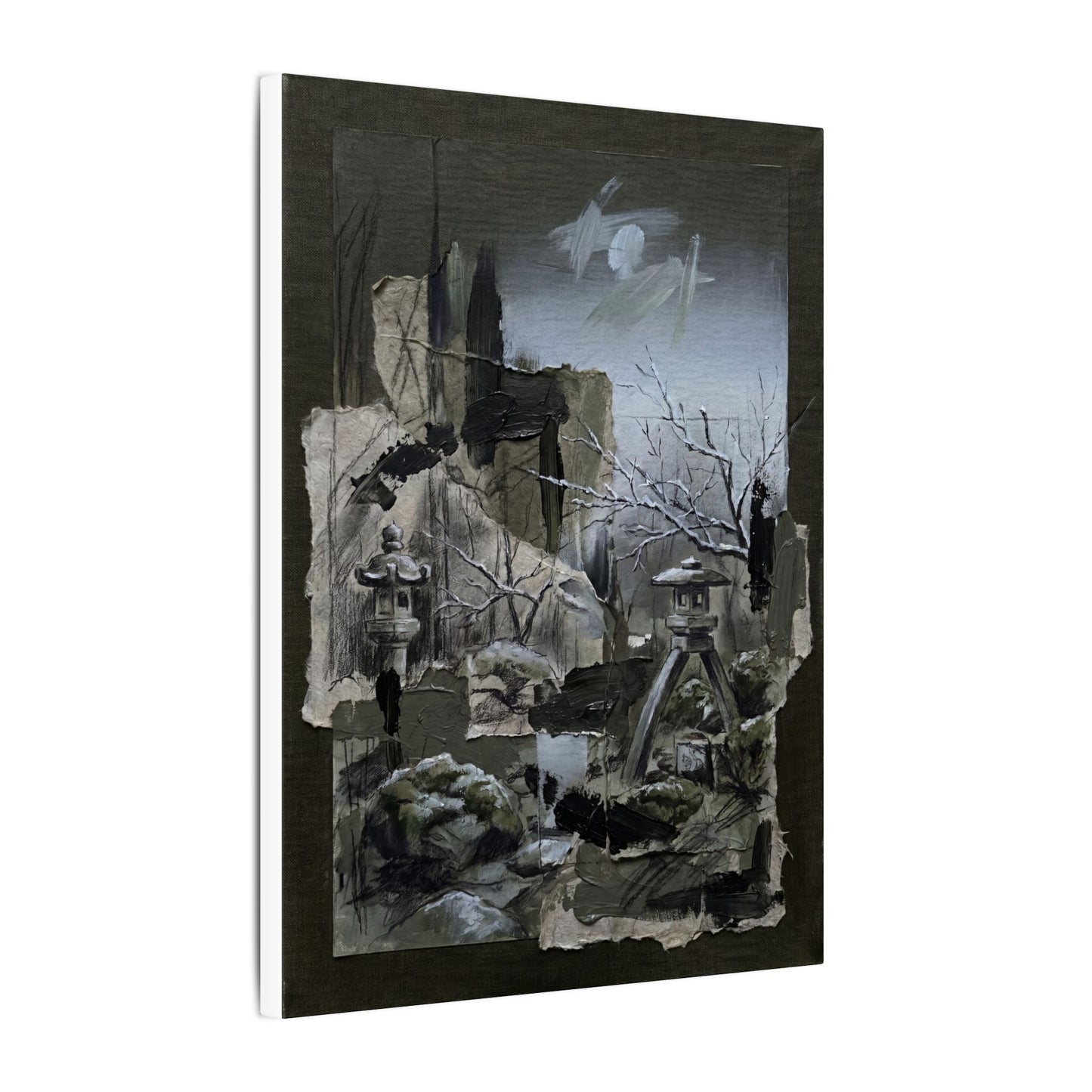 Winter Moonlit Garden Dark Texture Canvas Art | Moody Decor