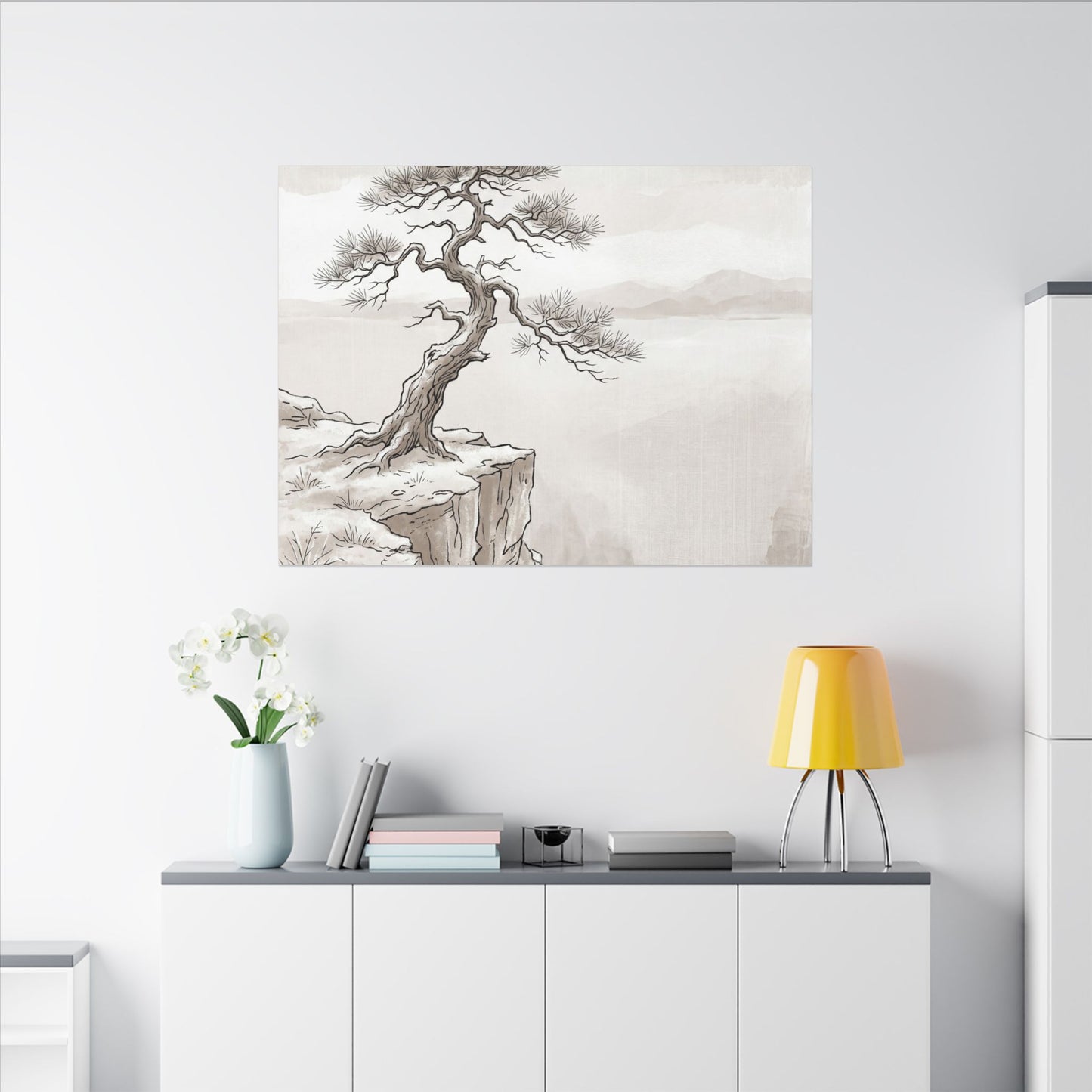 Neutral Pine Tree Canvas Art - Minimal Line Japandi
