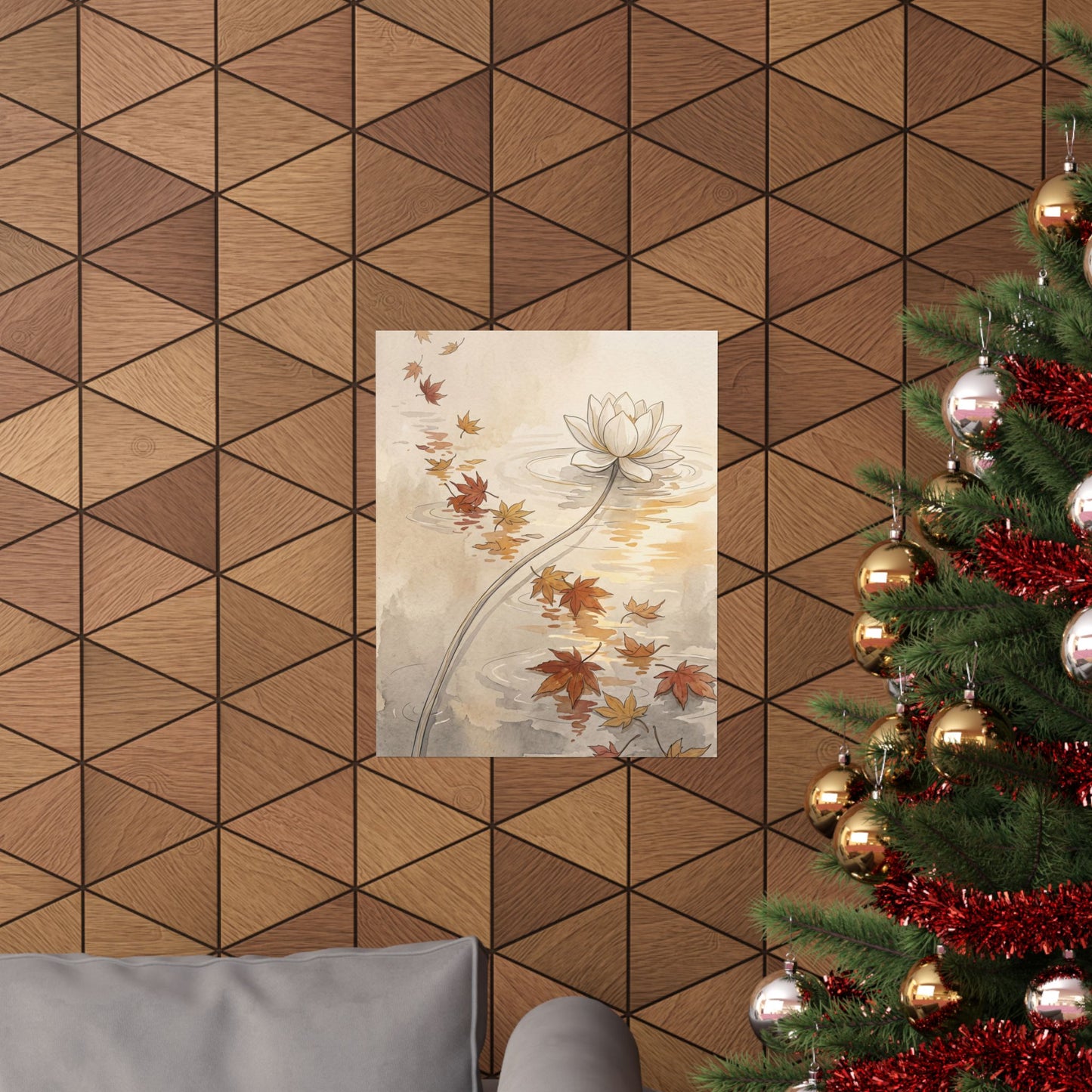 Japandi Lotus Flower in Golden Hour | Minimal Line Wall Art Print