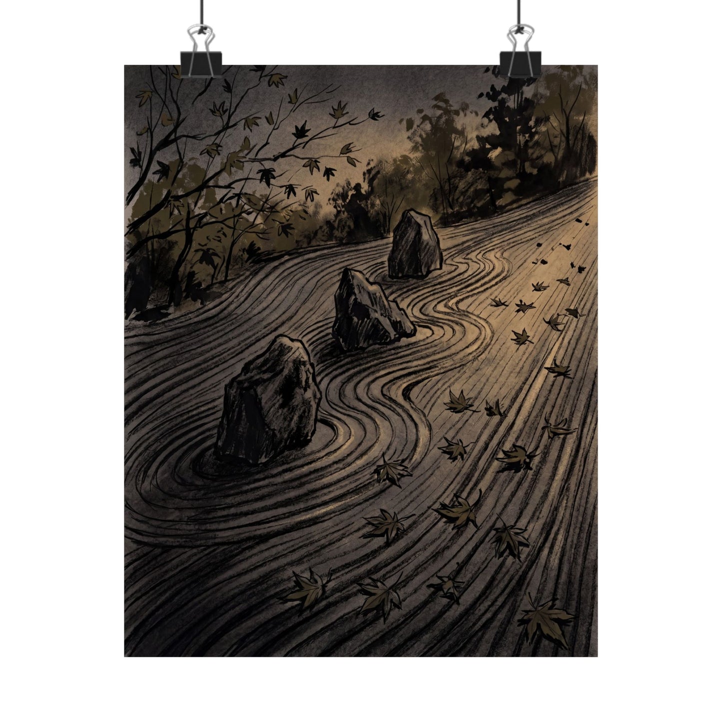 Rock Garden Autumn Wall Art Print | Dark Japandi Sophisticated Design
