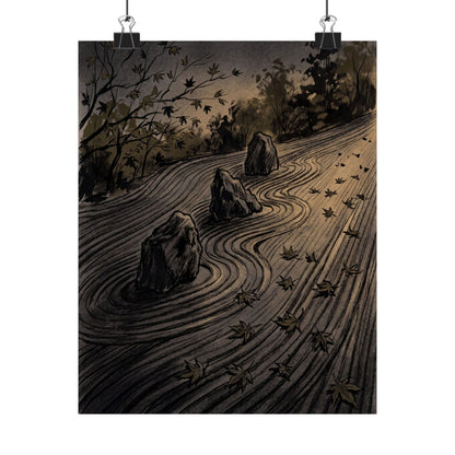 Rock Garden Autumn Wall Art Print | Dark Japandi Sophisticated Design