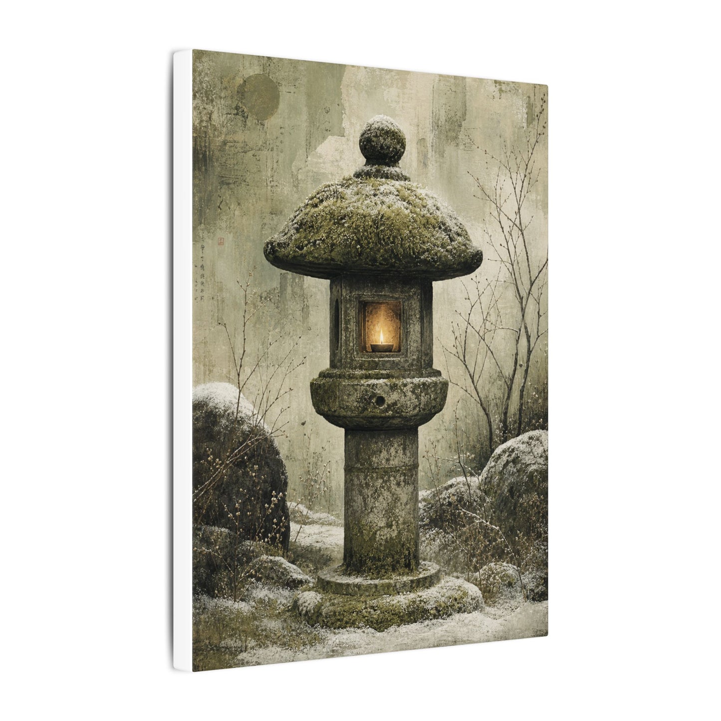 Stone Lantern Winter Canvas Art | Japandi Neutral Design
