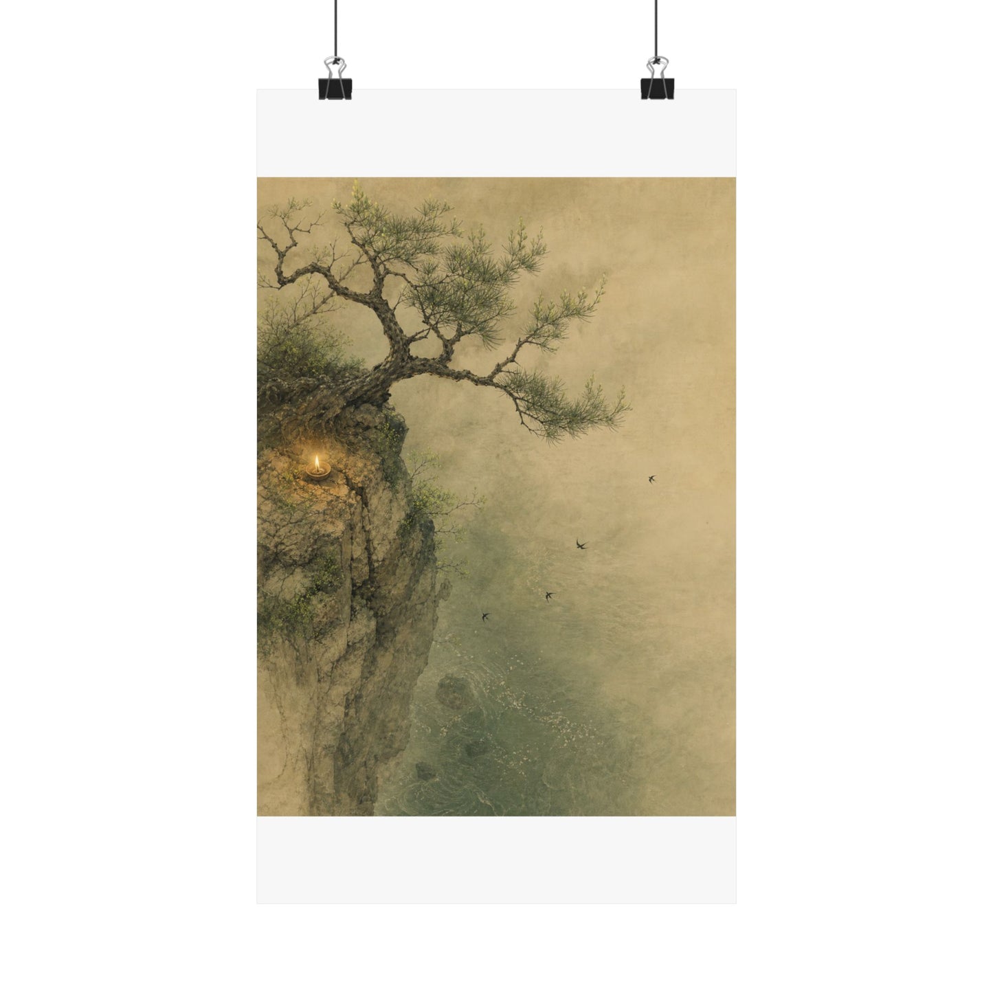 Japandi Pine Tree in Candlelight | Minimal Line Wall Art Print