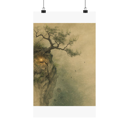 Japandi Pine Tree in Candlelight | Minimal Line Wall Art Print