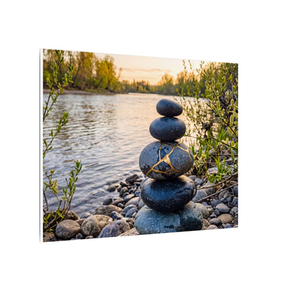 Kintsugi River Stones in Golden Hour | Gold Vein Canvas Art
