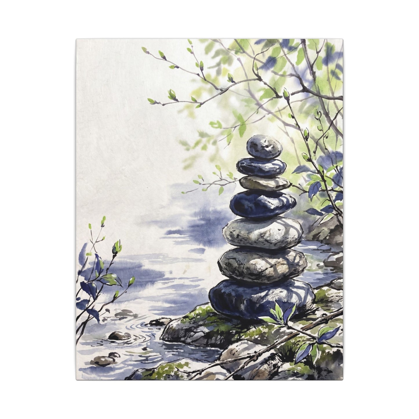 River Stones Sumi E Canvas Art | Serene Zen Art