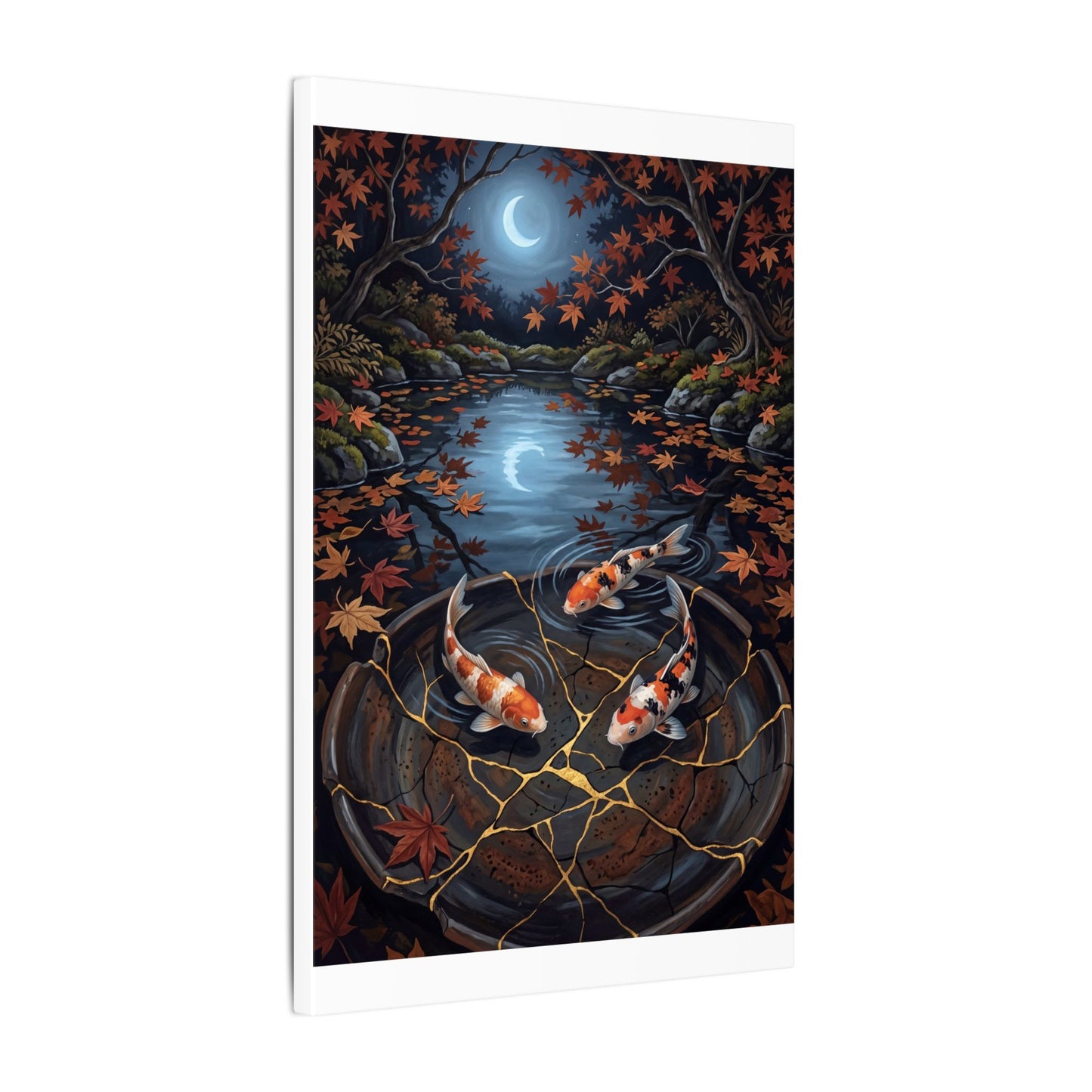 Koi Pond Canvas Art | Autumn Kintsugi Gold Repair Art