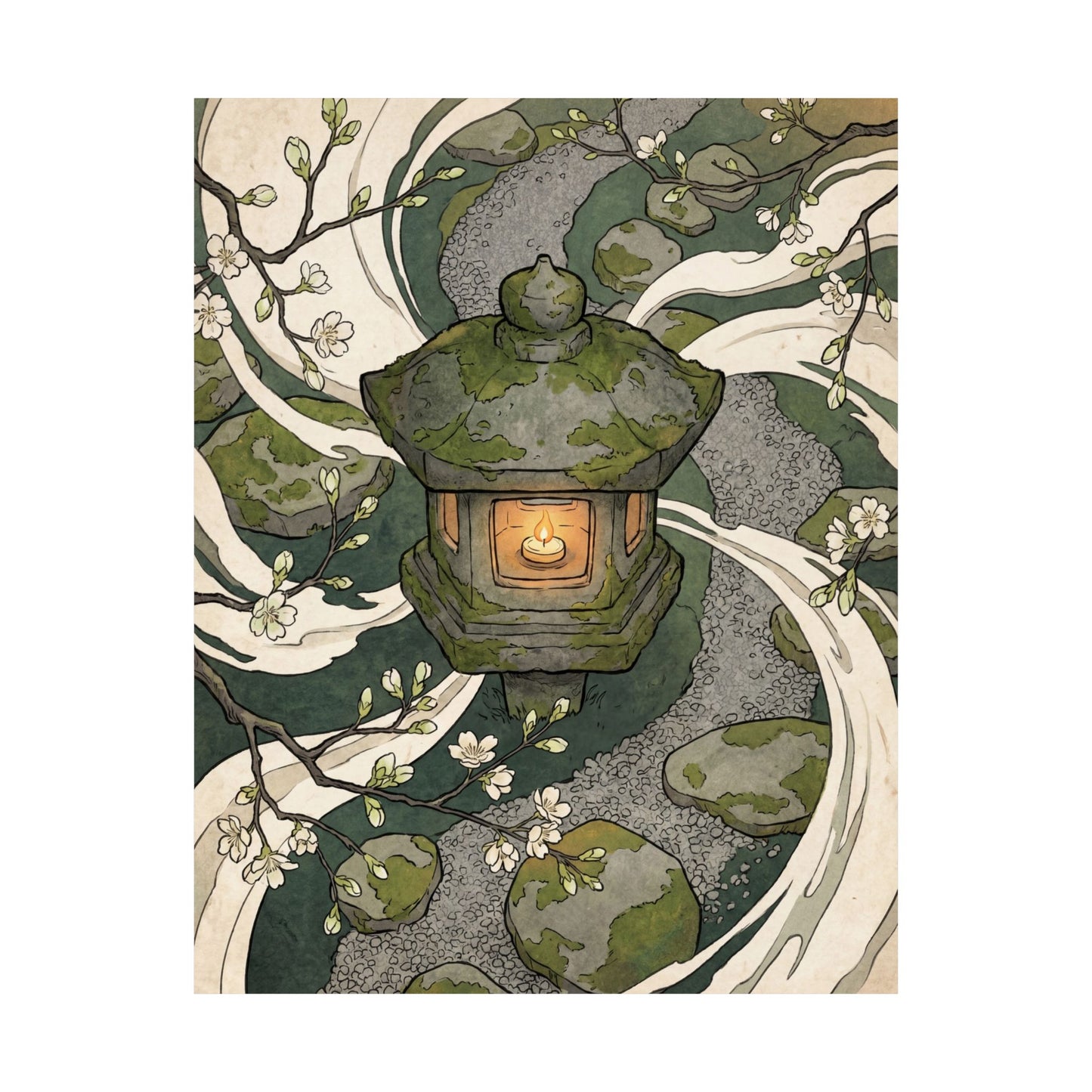 Stone Lantern Spring Wall Art Print | Zen Contemplative Design
