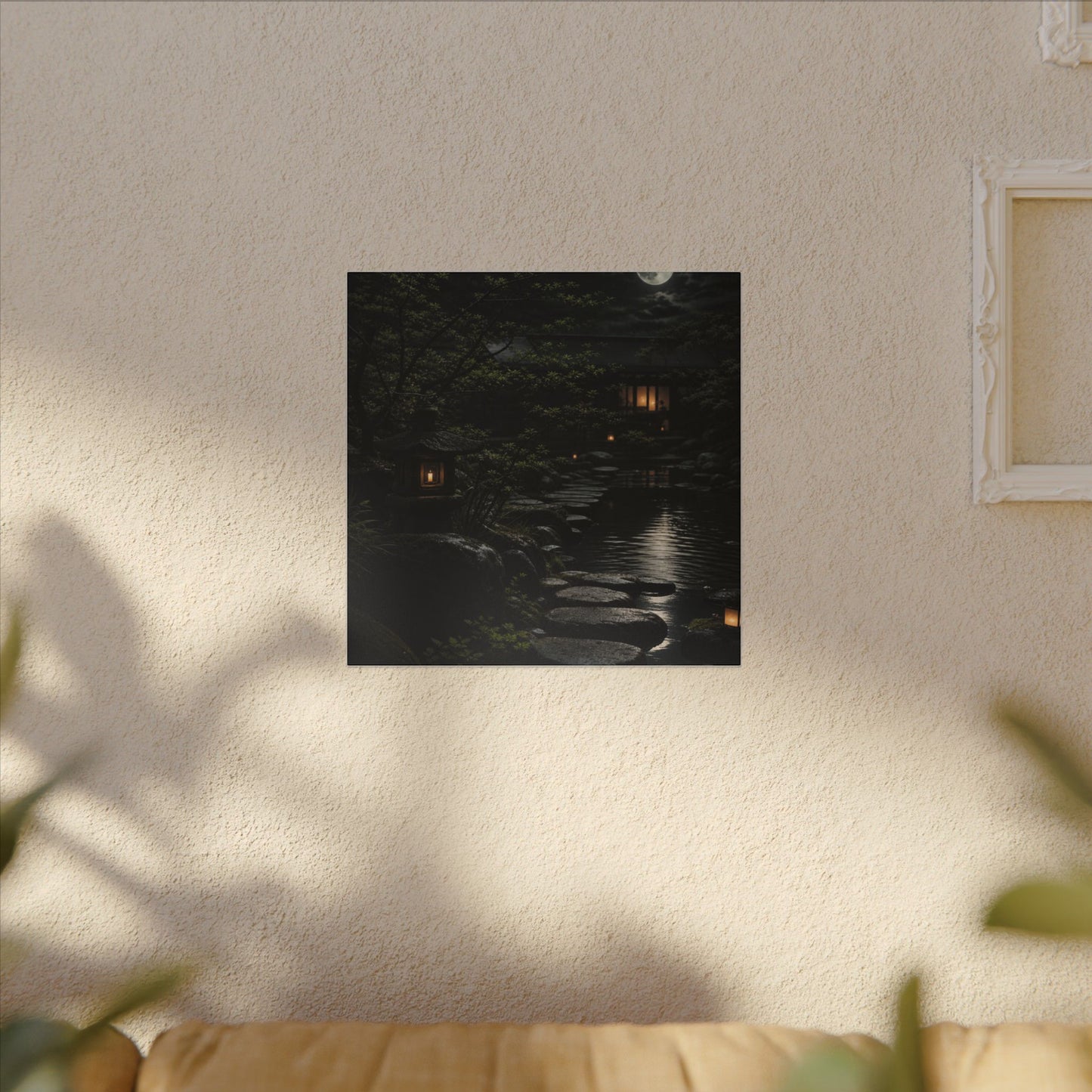 Moonlit Garden Shadow Zen Canvas Art | Sophisticated Dark Japandi Art