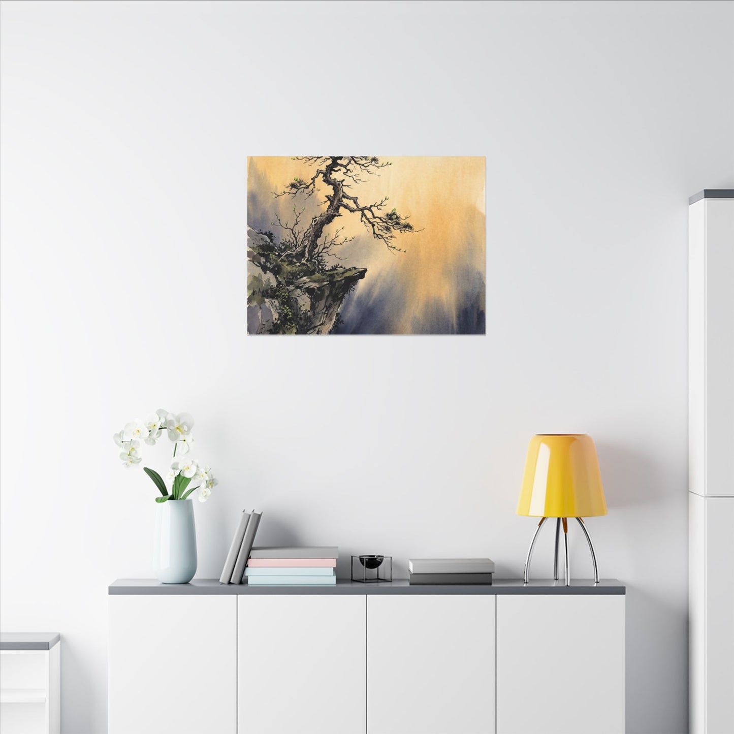 Zen Pine Tree in Golden Hour | Sumi E Canvas Art