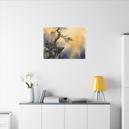 Zen Pine Tree in Golden Hour | Sumi E Canvas Art