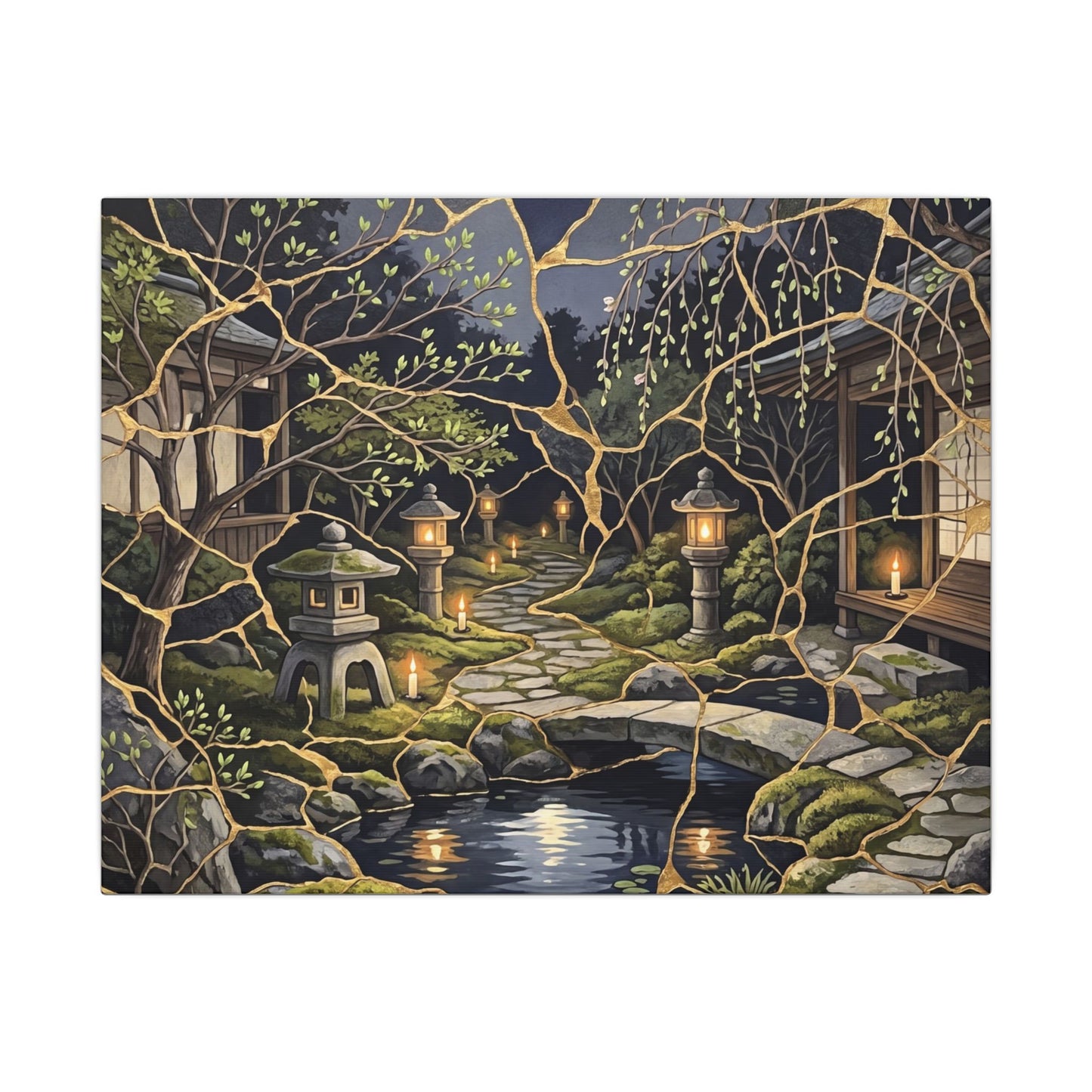 Kintsugi Moonlit Garden in Candlelight | Gold Vein Canvas Art