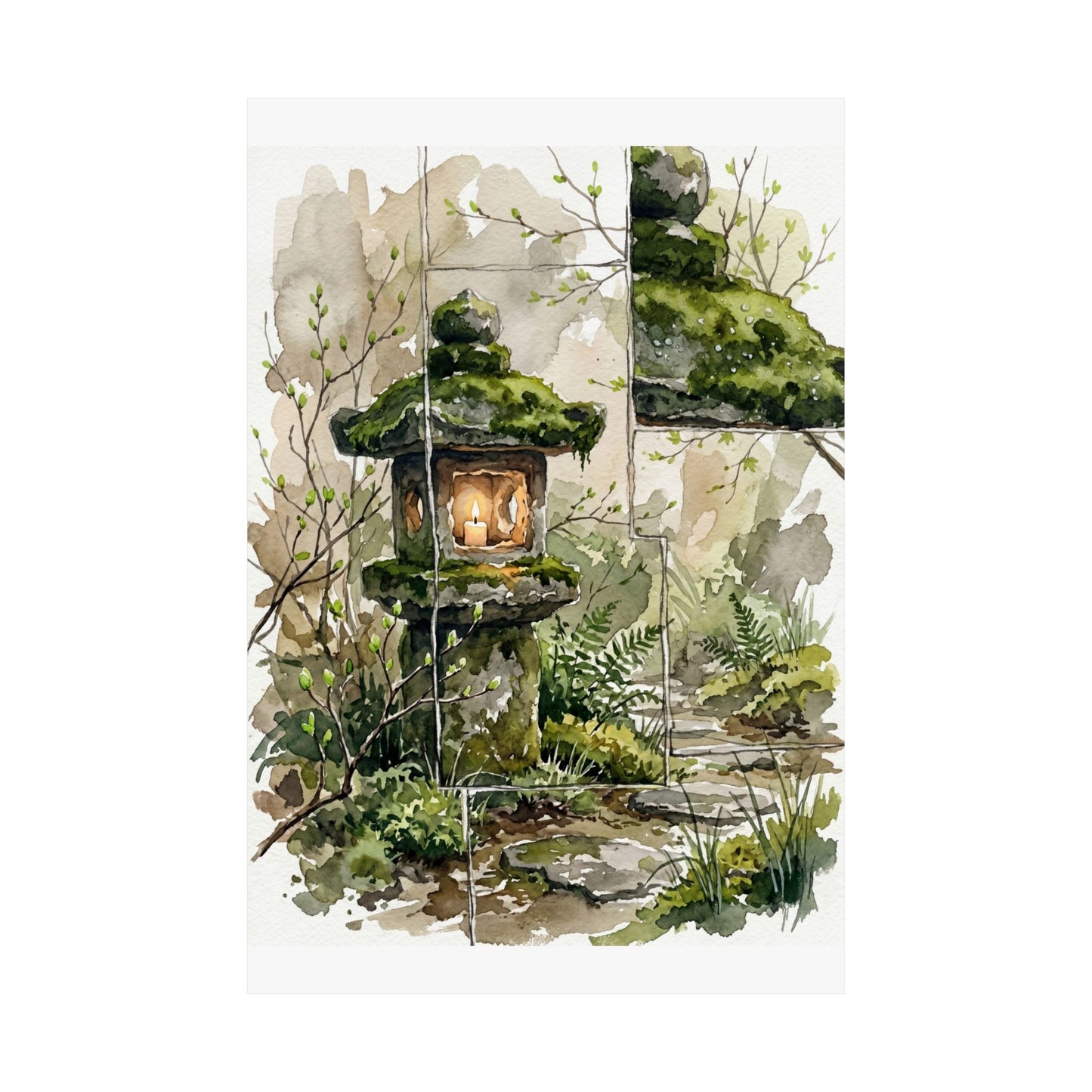 Stone Lantern Spring Wall Art Print | Japandi Neutral Design