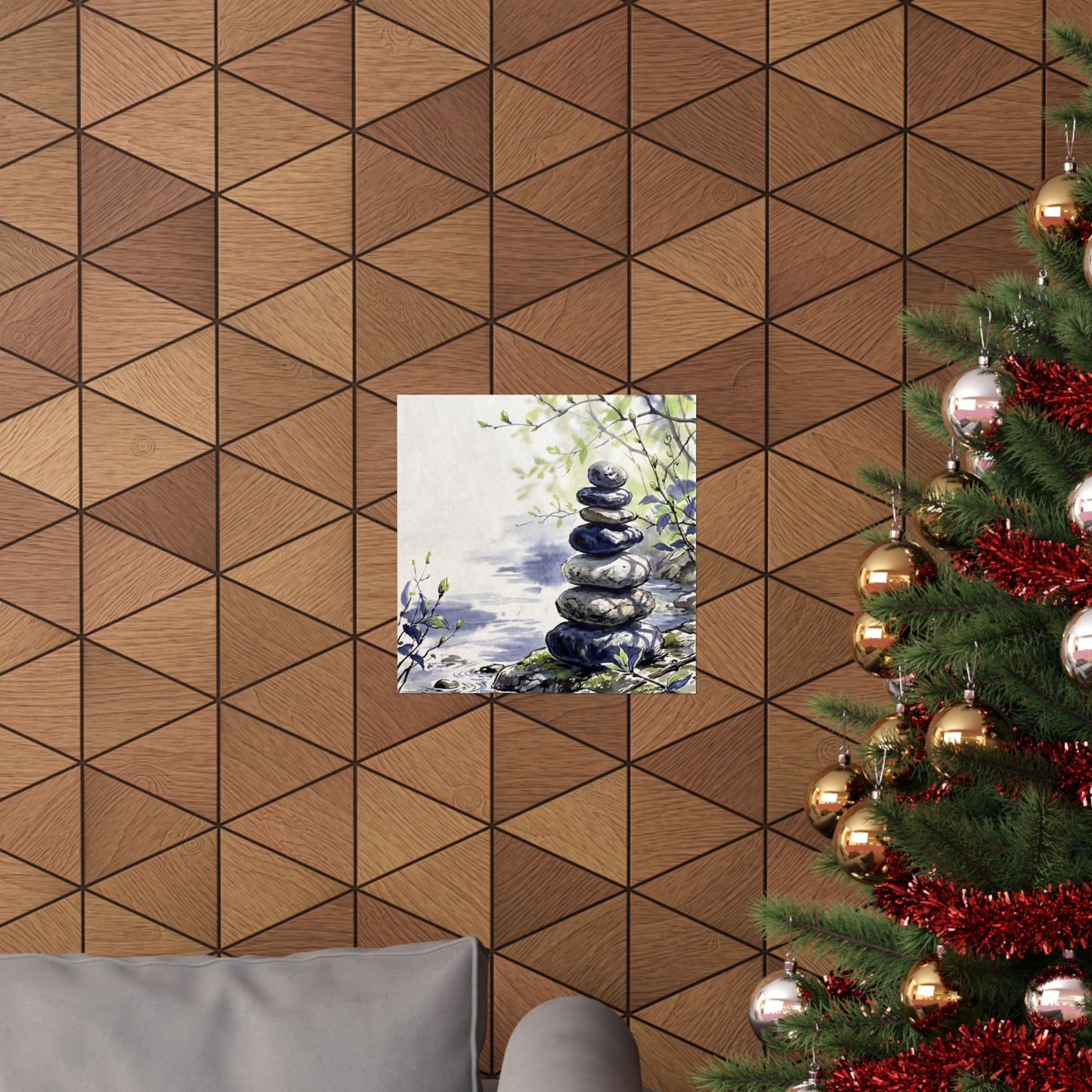 Zen River Stones in Dappled | Sumi E Wall Art Print