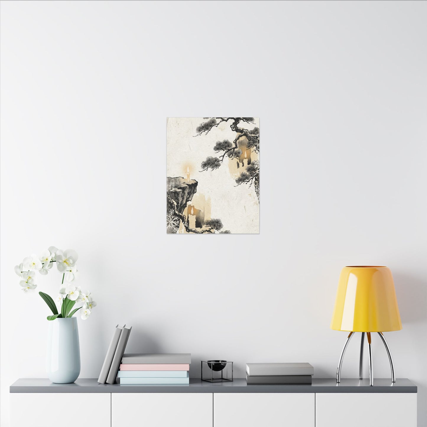 Japandi Pine Tree in Candlelight | Japanese Pattern Canvas Art