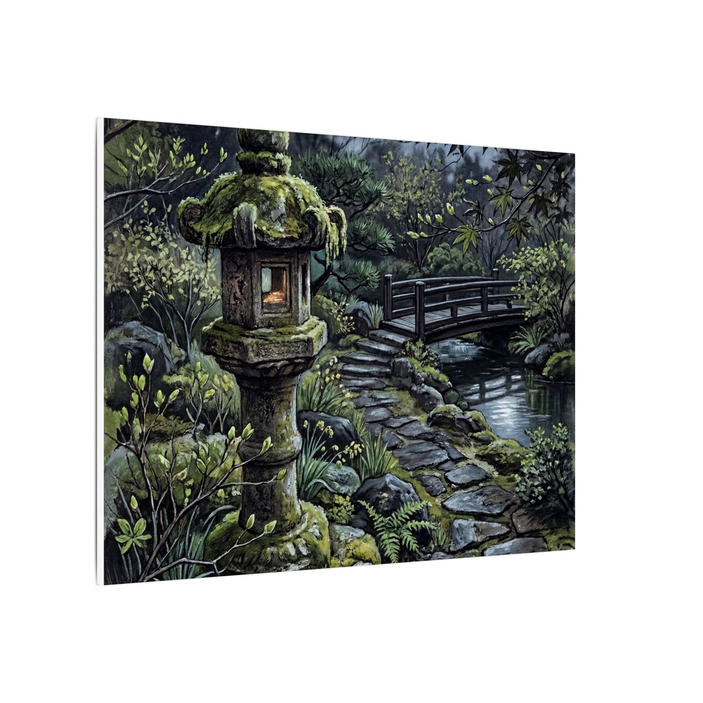 Japandi Stone Lantern in Moonlight | Texture Canvas Art