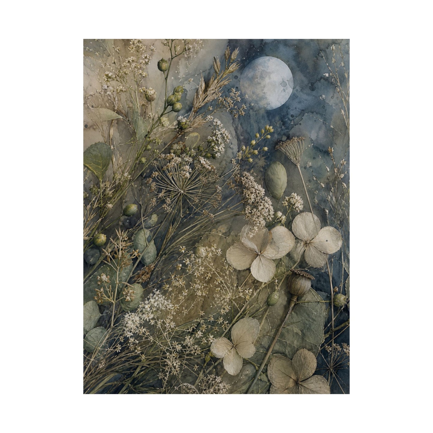 Japandi Dried Flowers in Moonlight | Watercolor Wall Art Print