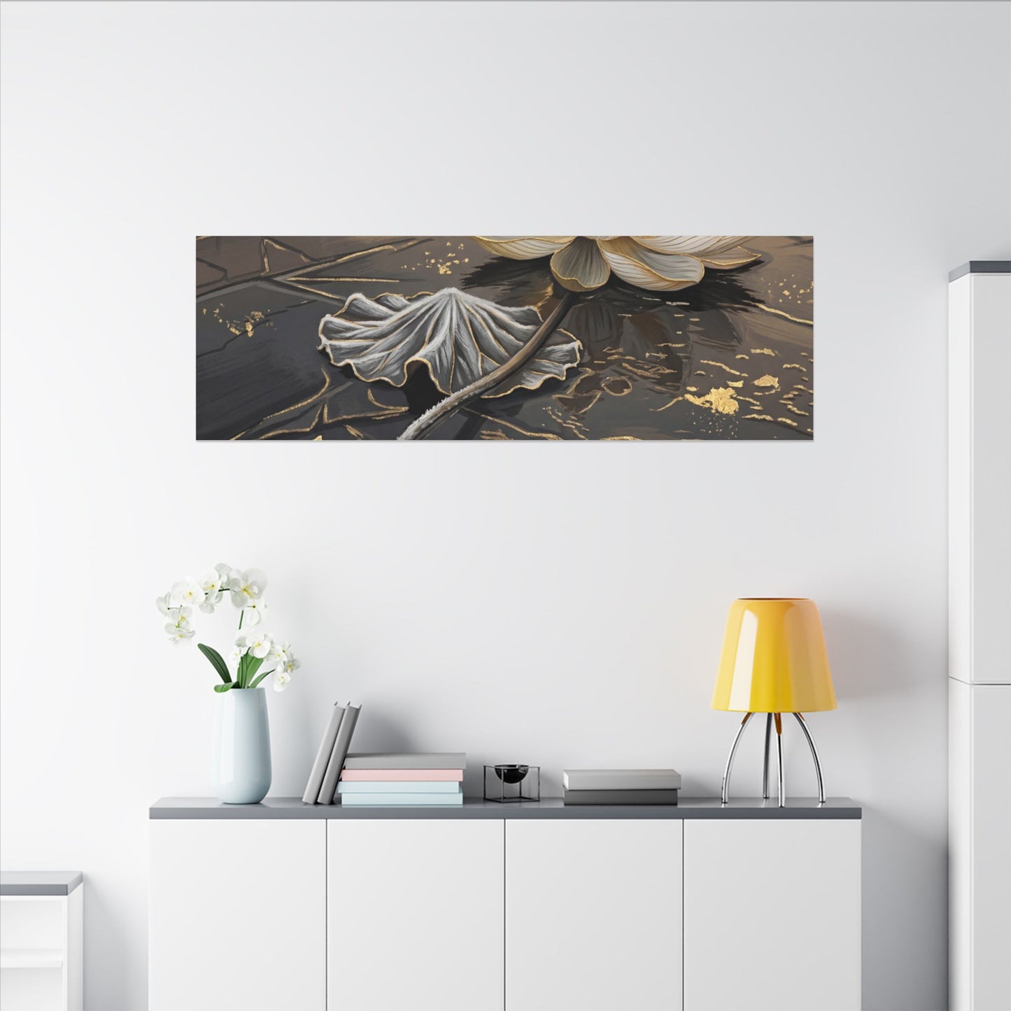 Kintsugi Lotus Flower in Golden Hour | Gold Vein Canvas Art