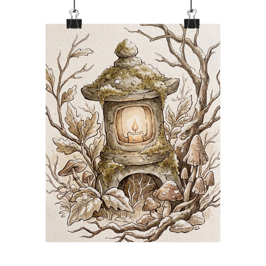 Stone Lantern Mushroom Illustration Wall Art Print | Rustic Cottagecore Art