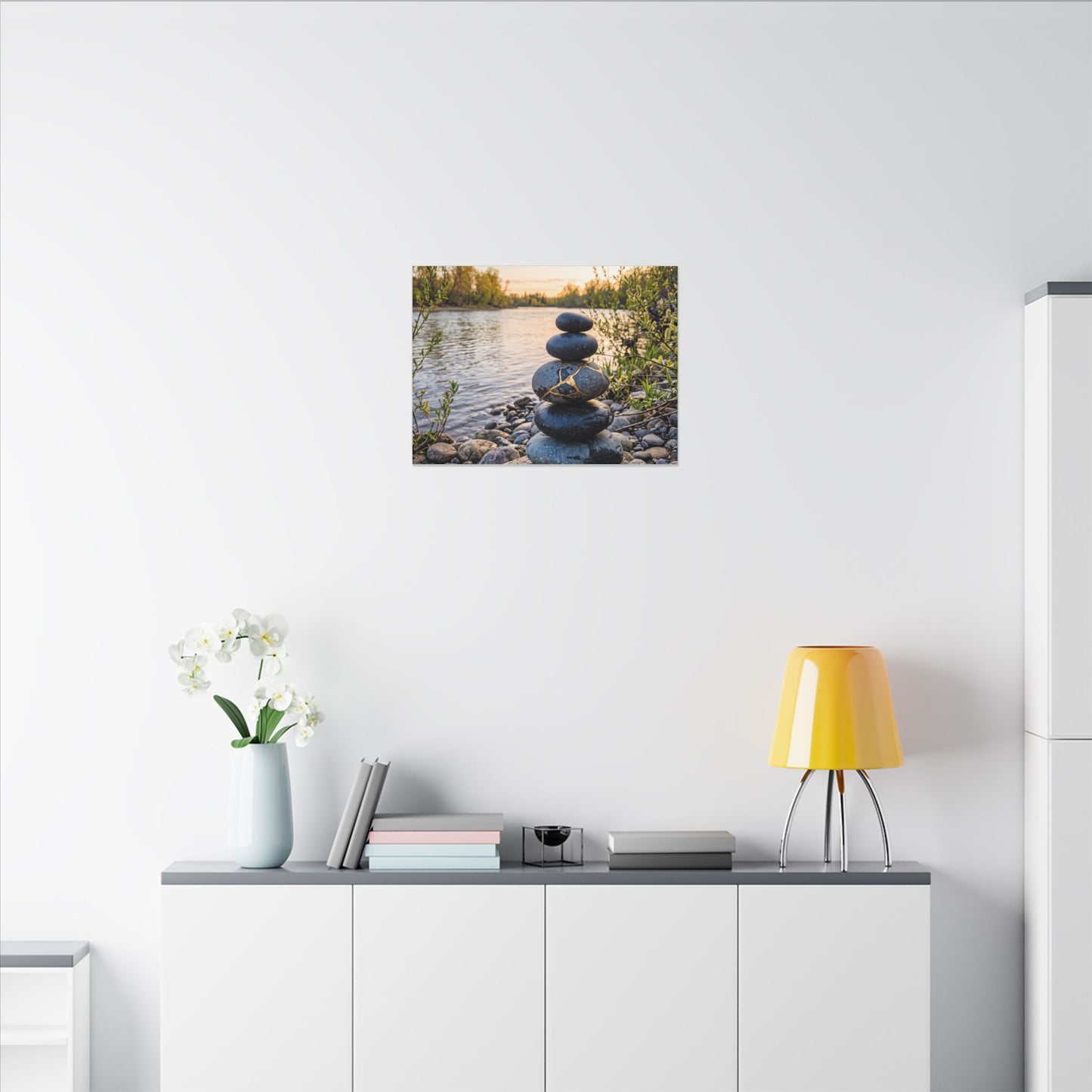 Kintsugi River Stones in Golden Hour | Gold Vein Canvas Art
