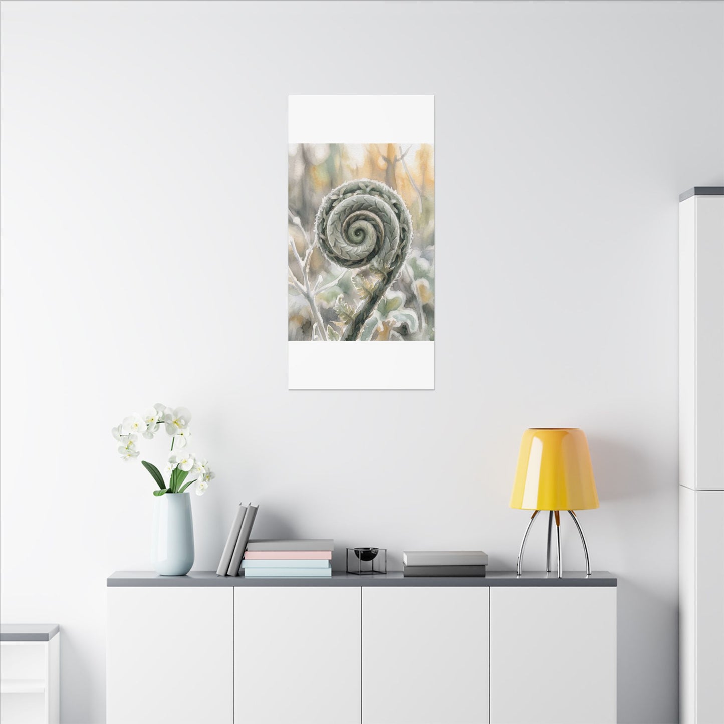 Winter Fern Unfurling Watercolor Canvas Art | Cozy Decor