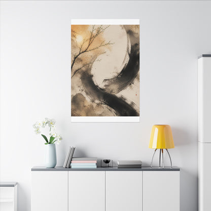 Japandi Ink Brushstroke in Golden Hour | Watercolor Canvas Art