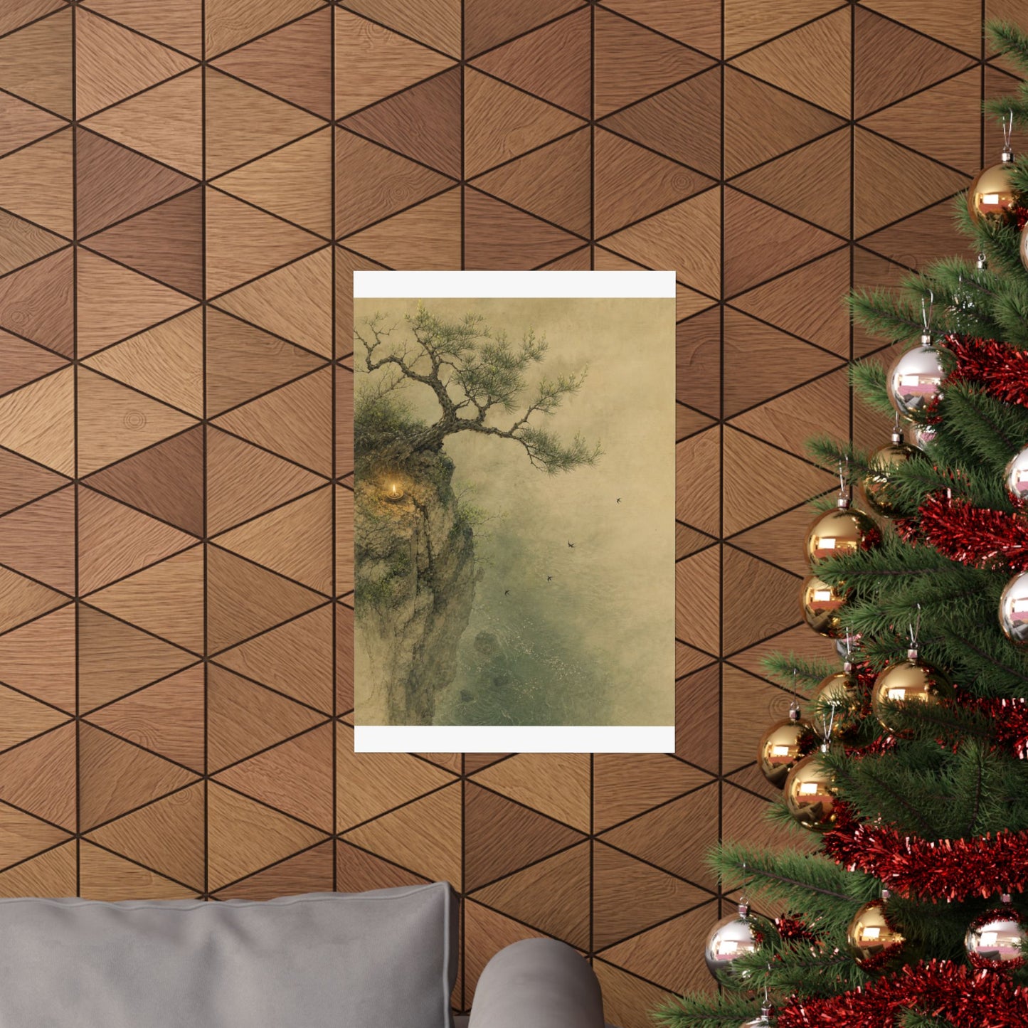 Japandi Pine Tree in Candlelight | Minimal Line Wall Art Print