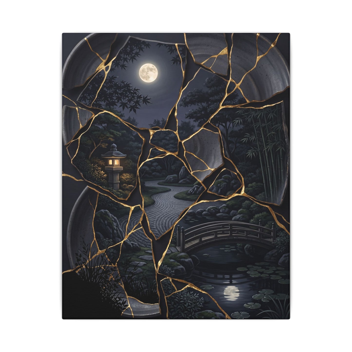 Kintsugi Moonlit Garden in Golden Hour | Gold Repair Canvas Art