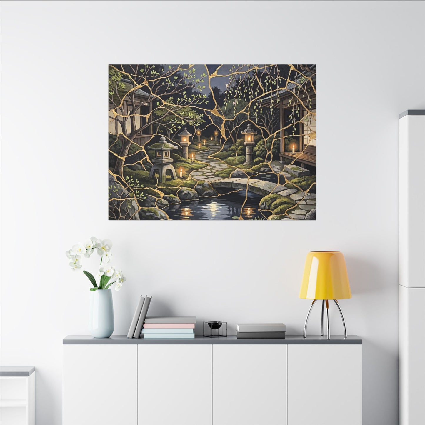 Kintsugi Moonlit Garden in Candlelight | Gold Vein Canvas Art