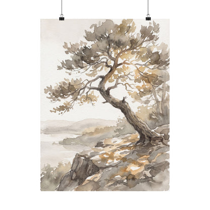 Mono No Aware Pine Tree Wall Art Print - Japandi Watercolor Art Print