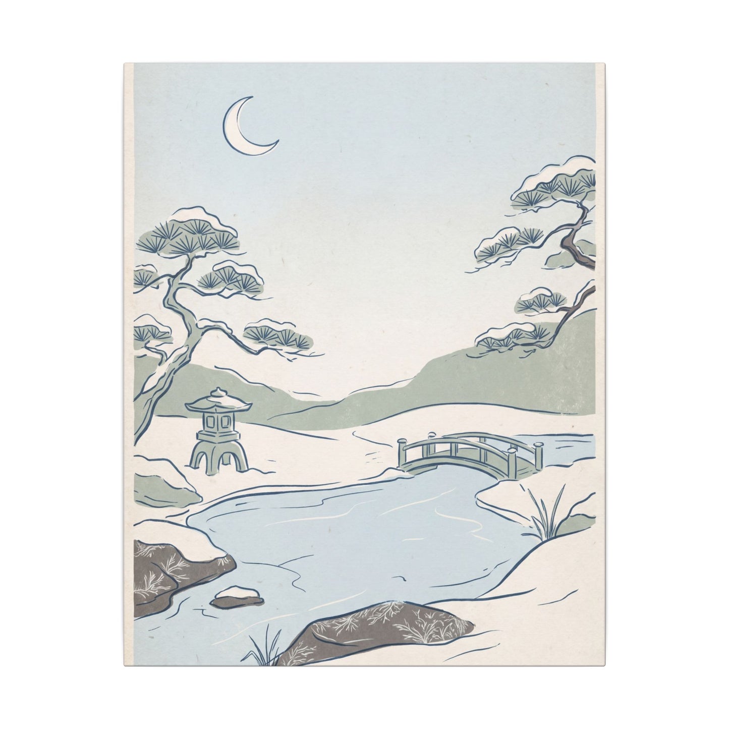 Japandi Moonlit Garden in Moonlight | Minimal Line Canvas Art
