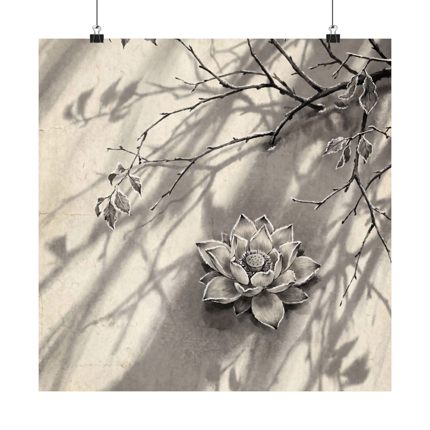 Contemplative Lotus Flower Wall Art Print - Sumi E Zen
