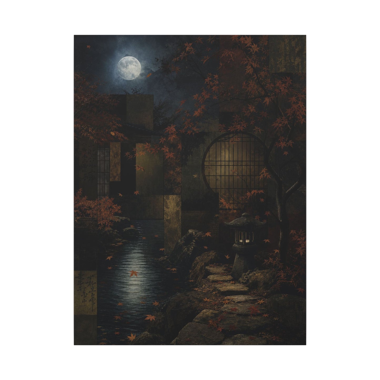 Moonlight Moonlit Garden Canvas Art - Dark Japandi Shibui