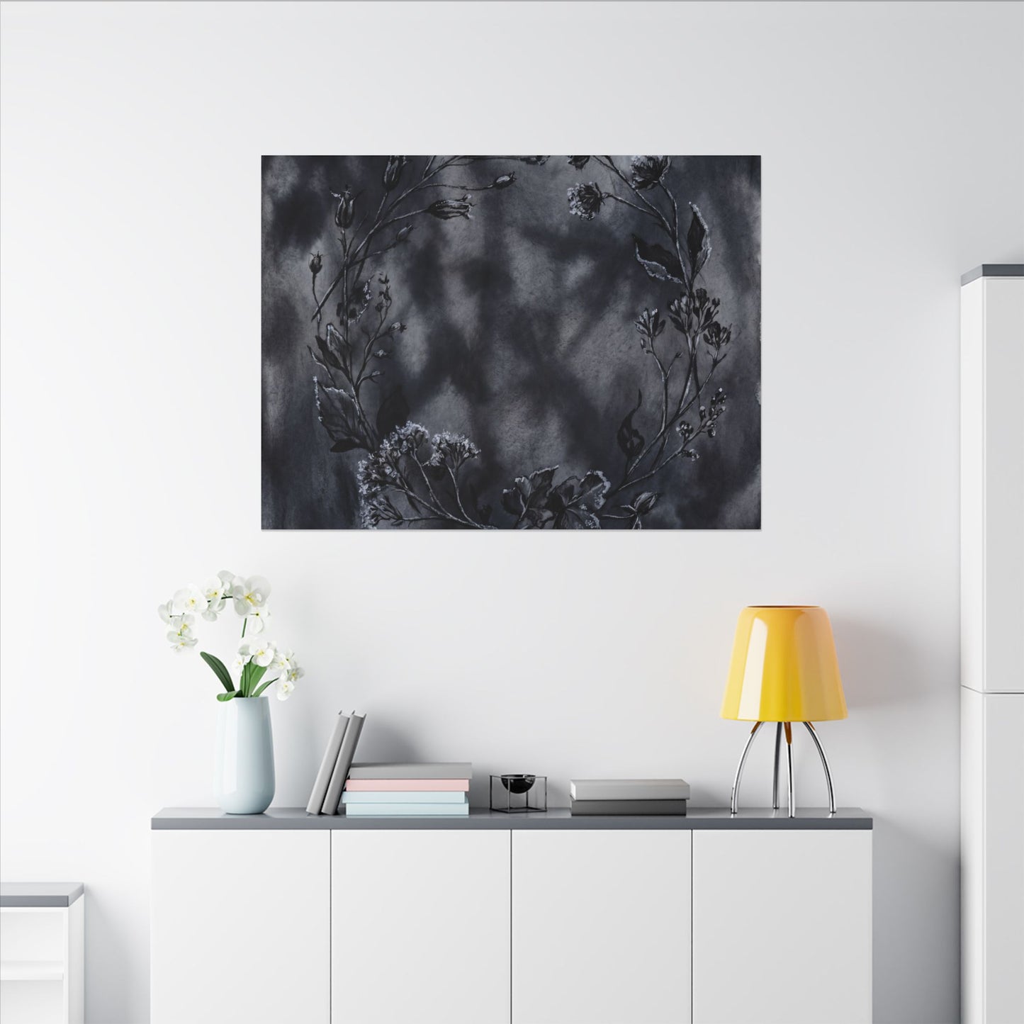 Dried Flowers Canvas Art | Winter Dark Japandi Shadow Zen Art