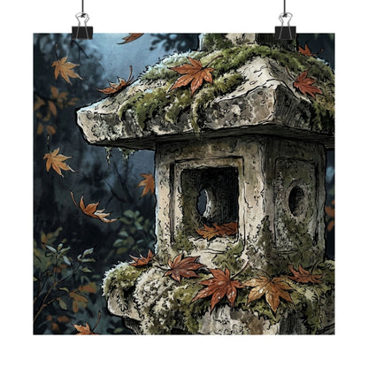 Autumn Stone Lantern Minimal Line Wall Art Print | Warm Decor