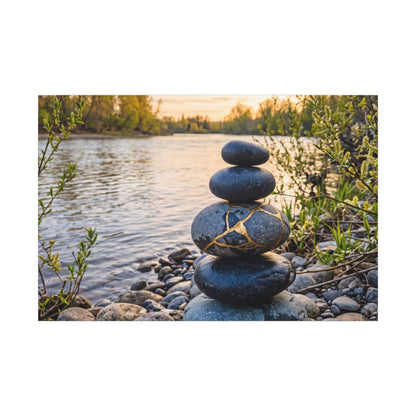 Kintsugi River Stones in Golden Hour | Gold Vein Canvas Art