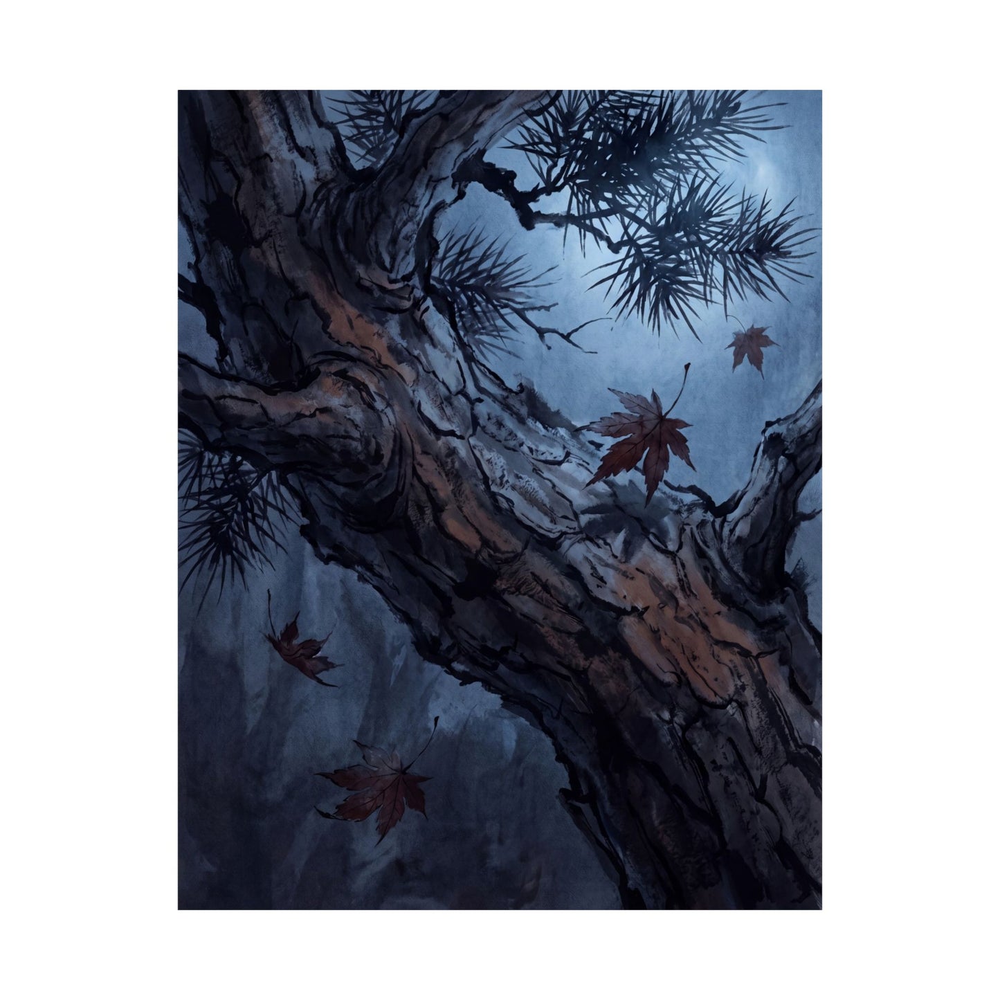 Kanso Pine Tree Wall Art Print - Dark Japandi Shadow Zen