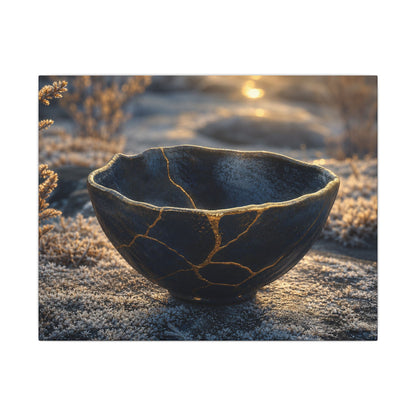 Ceramic Bowl Canvas Art | Winter Kintsugi Gold Repair Art